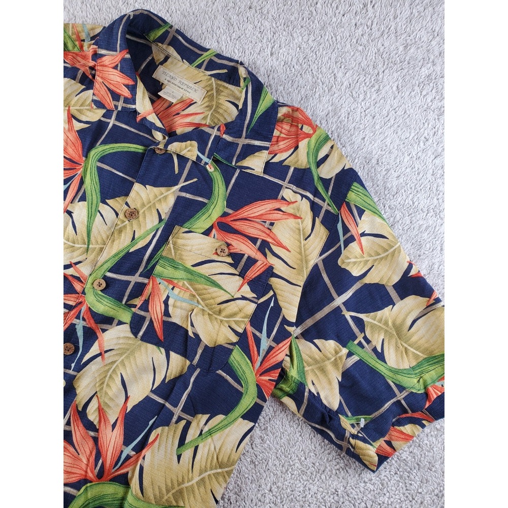 Vtg 90's Loop Collar Camp Shirt Mens Large Hawaiian Windowpane Plaid‎ Tropical